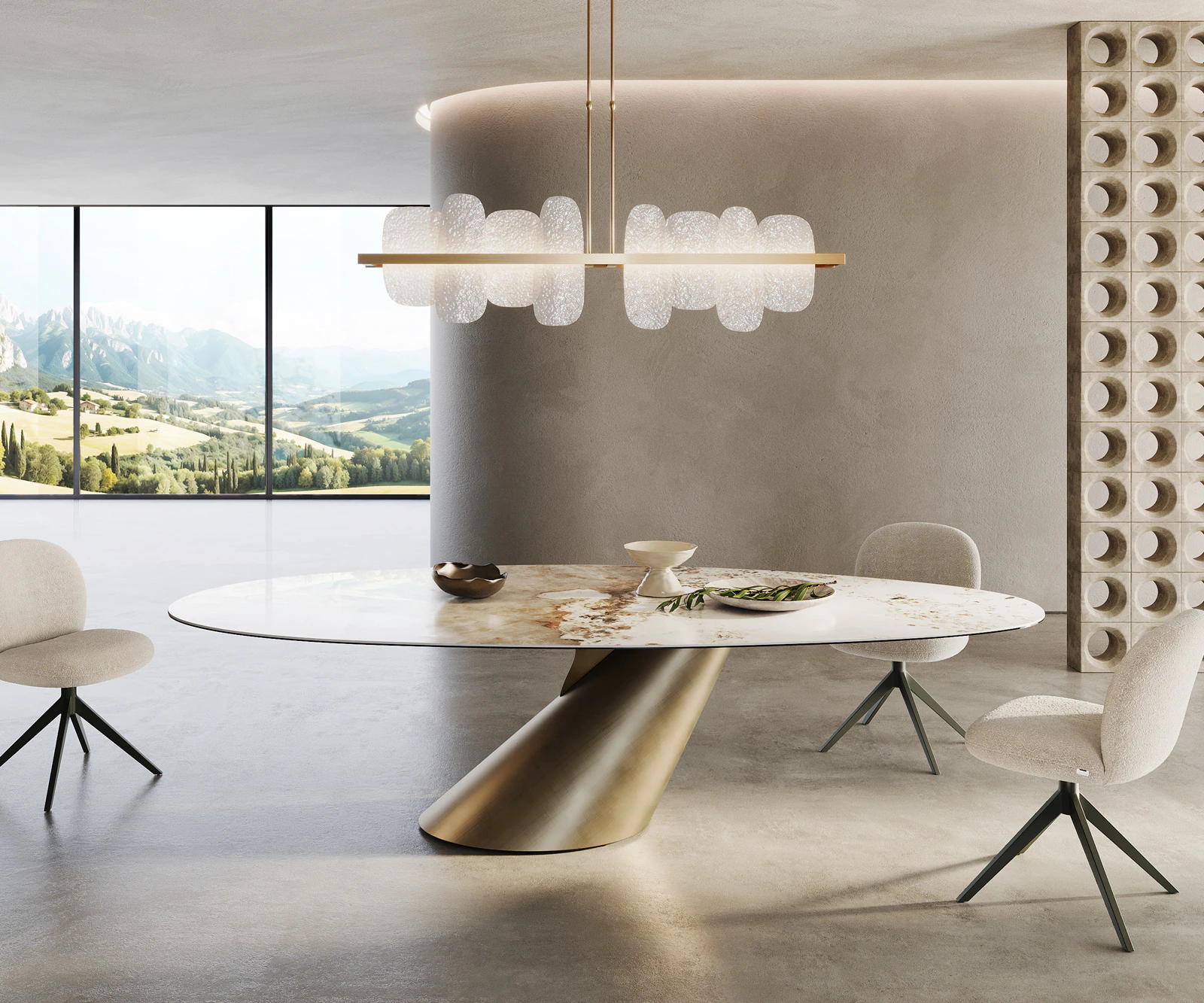 Esstisch Edge Oval 280x130 Keramik Minas Melange Weiß-Beige Cono Metallic G günstig online kaufen