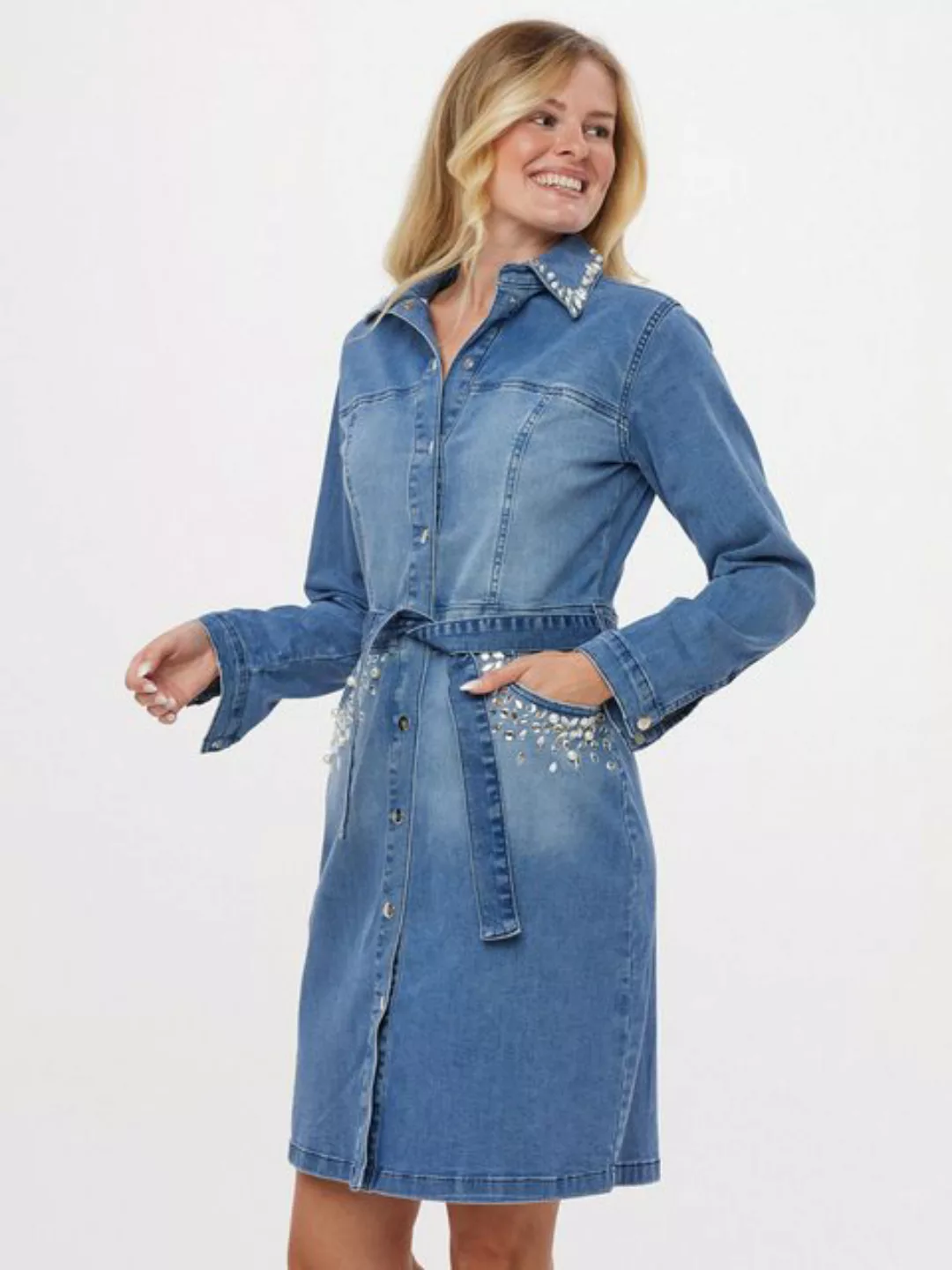 Sarah Kern Jeanskleid Longkleid Figurumspielend mit Taillengürtel günstig online kaufen