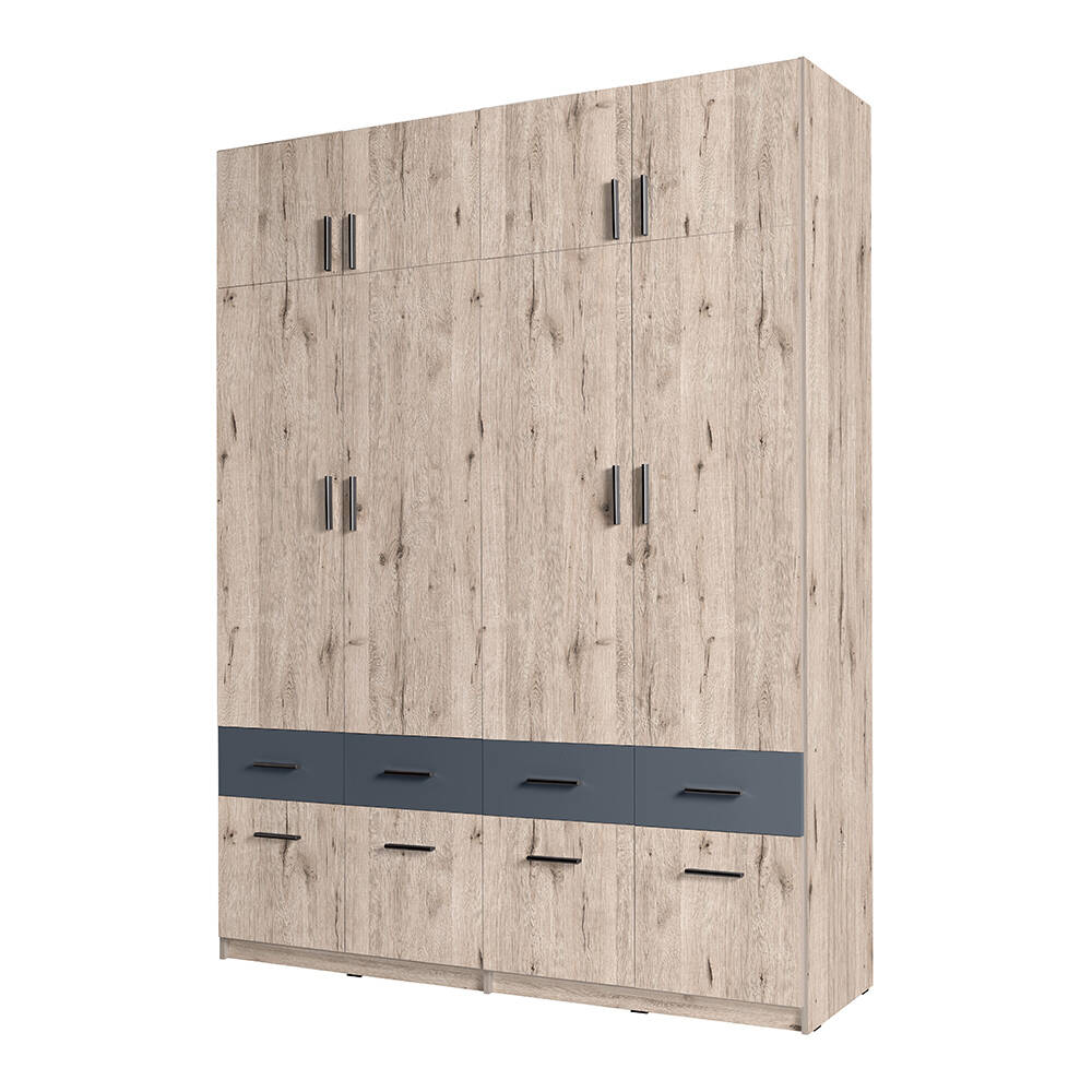 Kleiderschrank 4-türig mit Aufsatzschrank, 181cm breit, Eiche mit graphit, günstig online kaufen