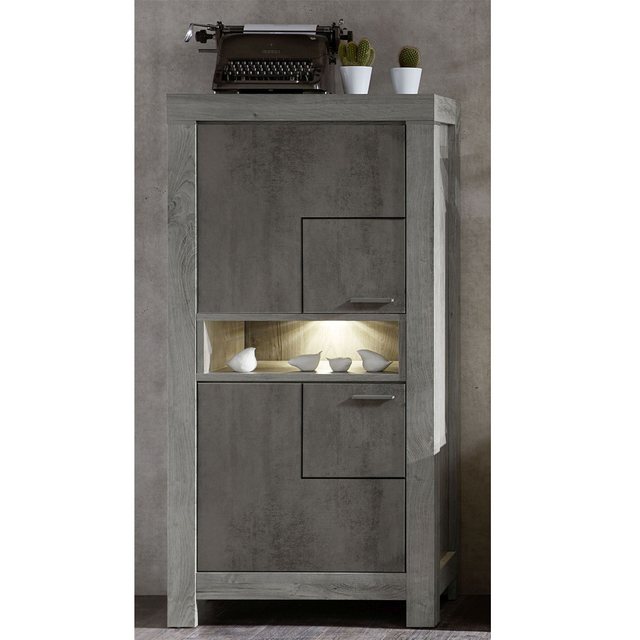 Lomadox Vitrine GRONAU-55 Highboard in Betonoxid und Haveleiche inkl. Beleu günstig online kaufen