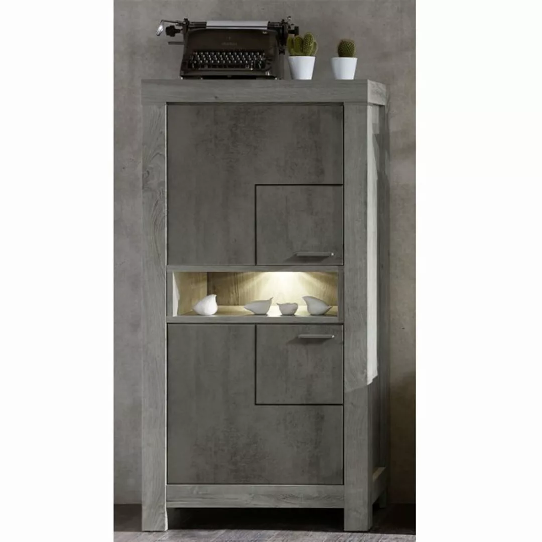 Lomadox Vitrine Highboard in Betonoxid und Haveleiche GRONAU-55 inkl. Beleu günstig online kaufen