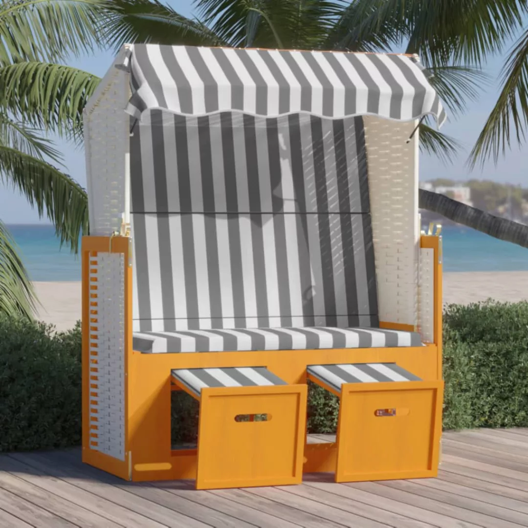 Vidaxl Strandkorb Mit Dach Poly Rattan Und Massivholz Weiß & Grau günstig online kaufen