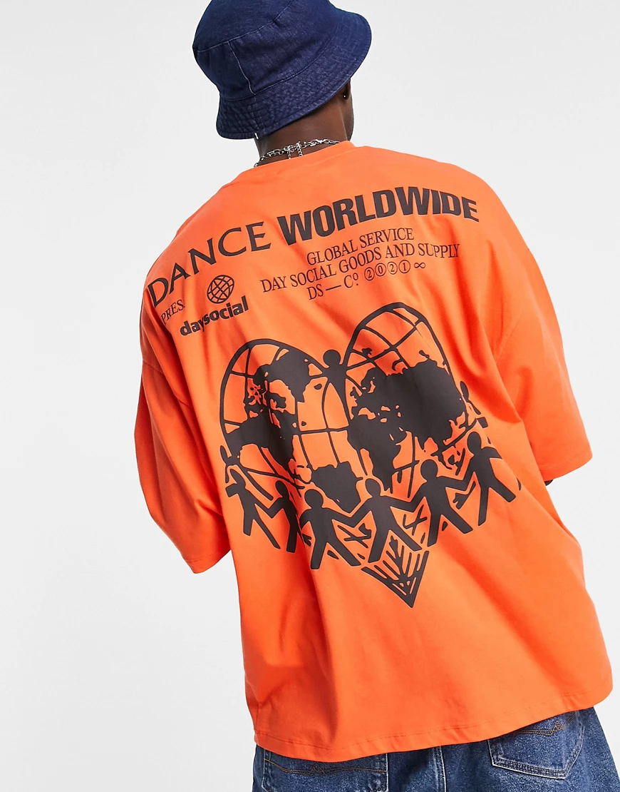 ASOS – Daysocial – Oversize T-Shirt in Orange mit „Dance“- und Grafikprints günstig online kaufen