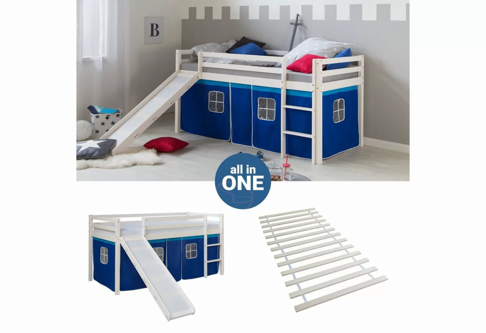 Homestyle4u Hochbett Kinderbett Matratze Rutsche Turm Blau Tunnel günstig online kaufen