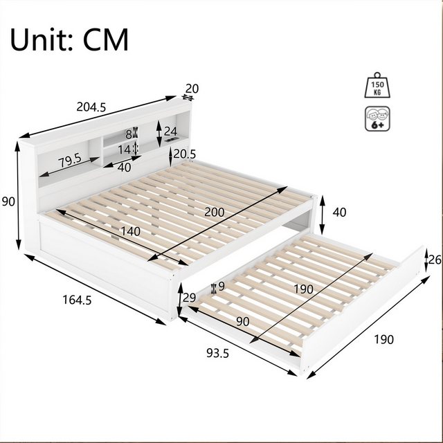 Flieks Kinderbett, LED Daybett Holzbett 140x200cm mit Ladefunktion & Auszie günstig online kaufen