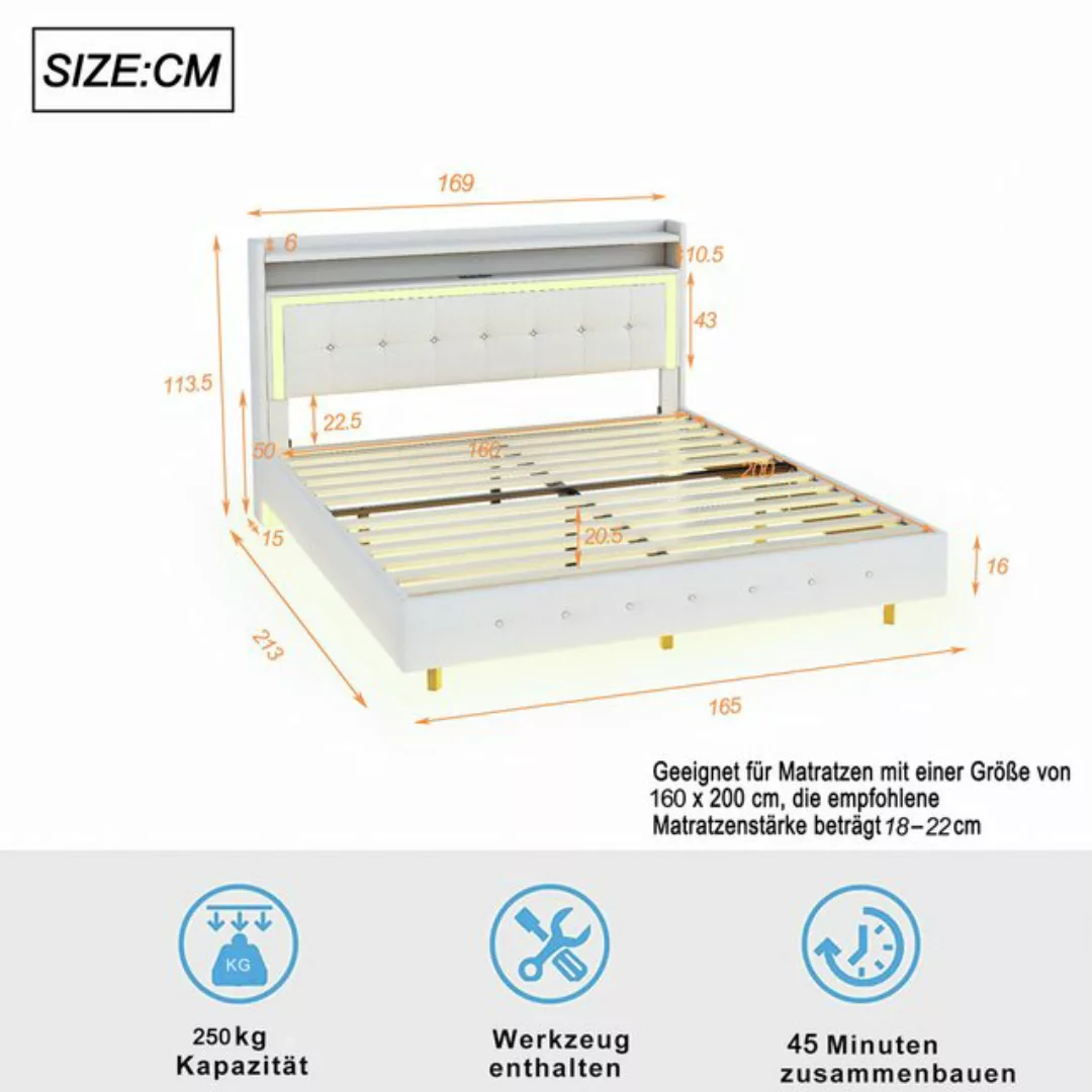 Flieks Polsterbett, LED Doppelbett 160x200cm mit USB-Laden und Stauraum am günstig online kaufen