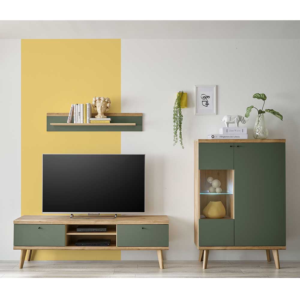 Wohnwand mit TV Platz in Graugrün Wildeichefarben (dreiteilig) günstig online kaufen
