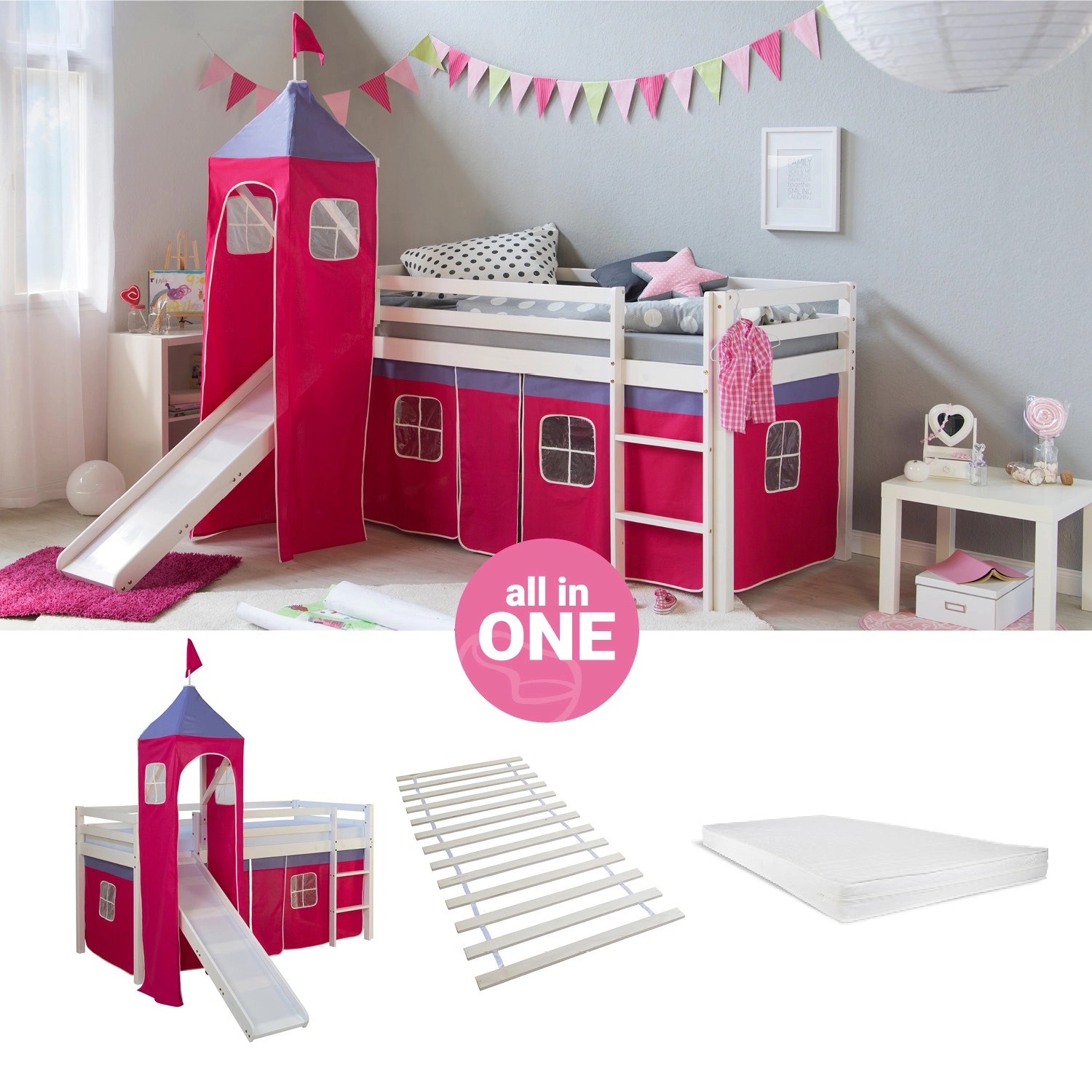 Homestyle4u Hochbett 90x200 mit Vorhang Lattenrost Matratze Rutsche Turm in günstig online kaufen