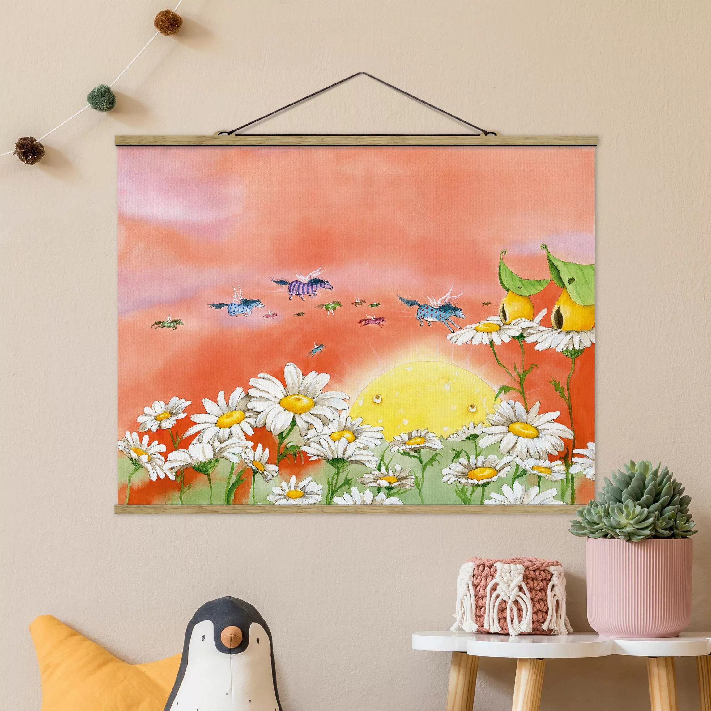 Stoffbild Blumen mit Posterleisten - Querformat Die Zauberponys fliegen dav günstig online kaufen