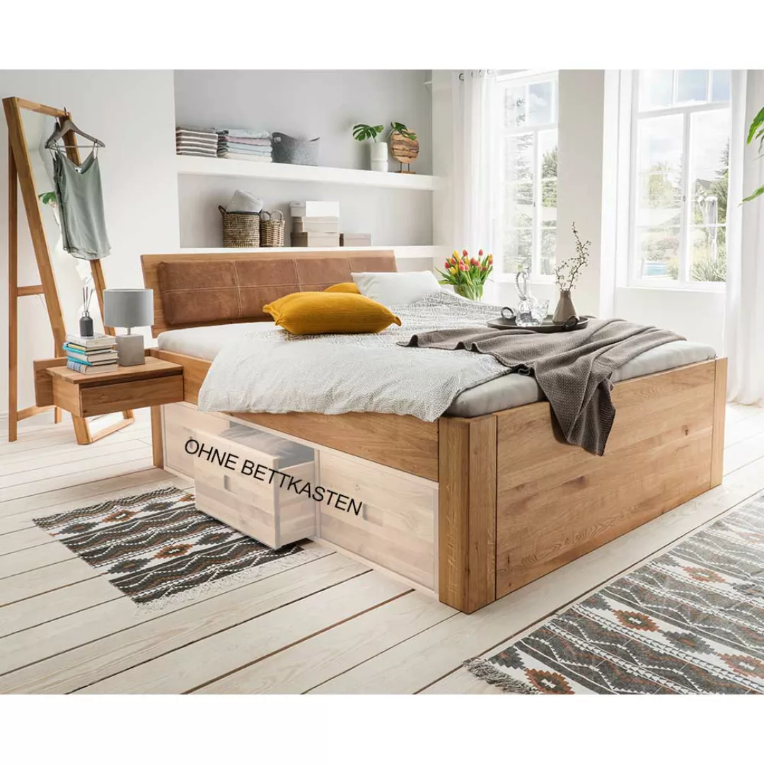 Bett mit Nachtkonsolen aus Wildeiche Massivholz modernem Design (dreiteilig günstig online kaufen