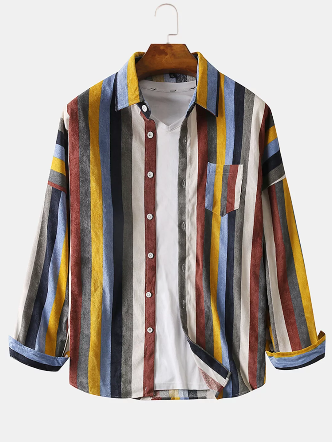 Herren Short Style Farbstreifen Cord Lässige Langarmhemden günstig online kaufen