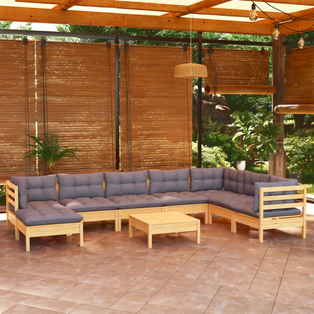 9-tlg. Garten-lounge-set Mit Grauen Kissen Kiefer Massivholz günstig online kaufen