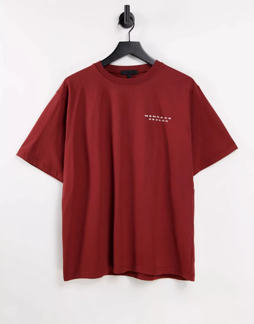 Mennace – Kastenförmiges T-Shirt in Rot mit gotischem Rückenprint günstig online kaufen
