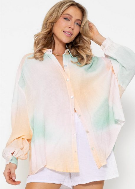 SASSYCLASSY Langarmbluse Transparente Musselin Bluse in Regenbogenfarbe Bau günstig online kaufen