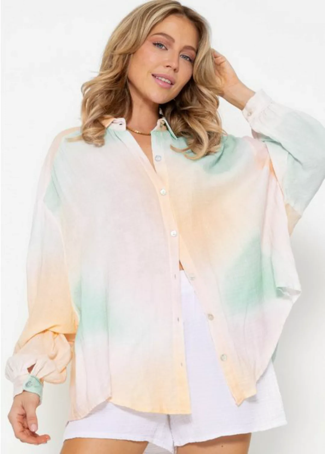 SASSYCLASSY Hemdbluse Transparente Musselin Bluse in Regenbogenfarbe Baumwo günstig online kaufen