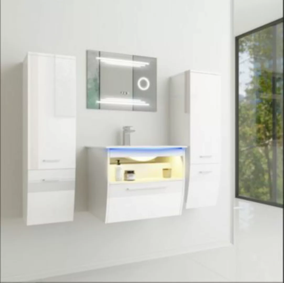 Faizee Möbel Badmöbel Set montiert Weiß Waschtischunterschrank Hochglanz 60 günstig online kaufen