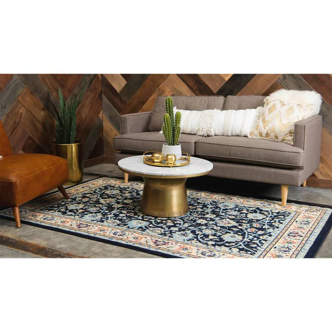 Orient Stil Teppich Kurzflor in Dunkelblau Cremefarben günstig online kaufen