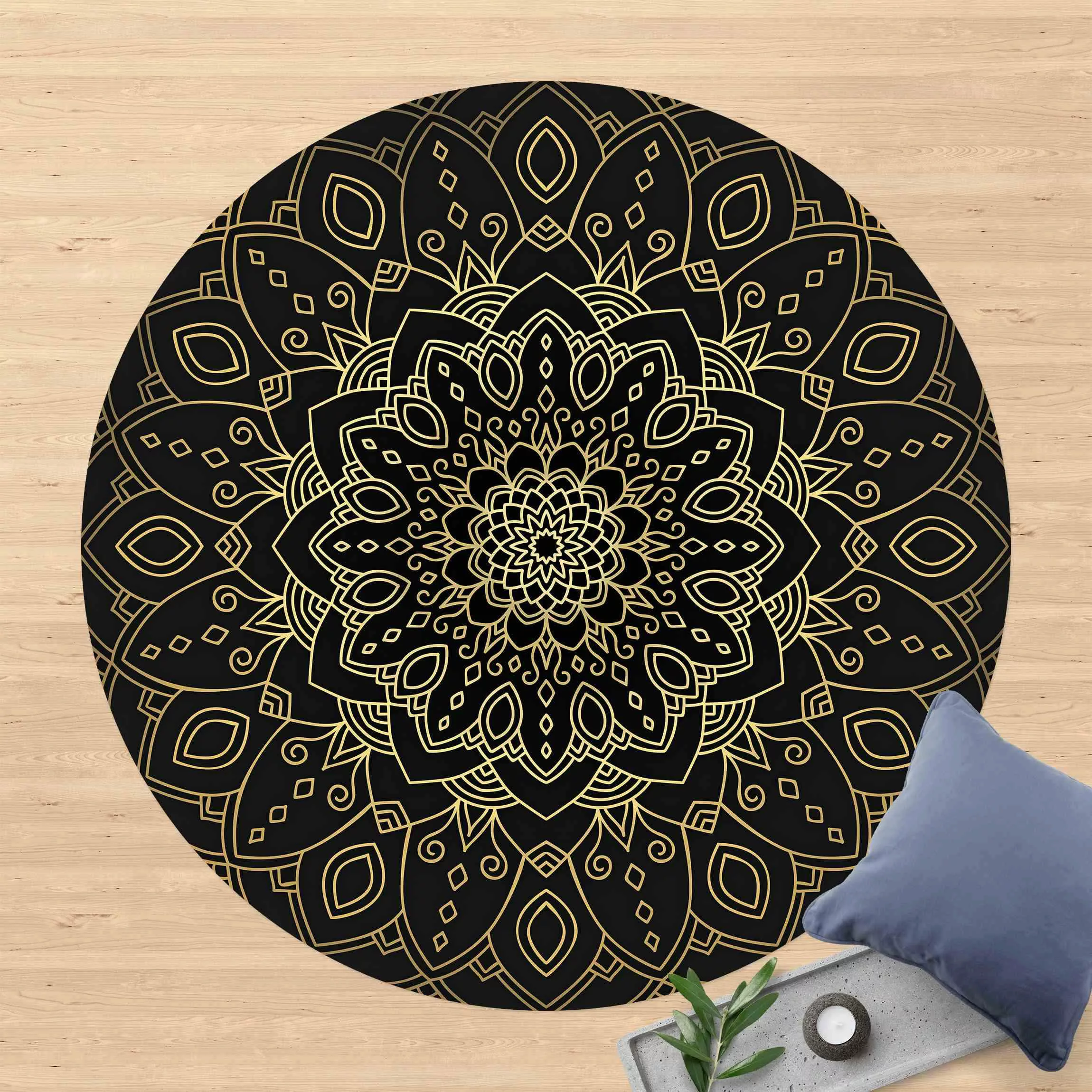 Runder Vinyl-Teppich Mandala Blüte Muster gold schwarz günstig online kaufen
