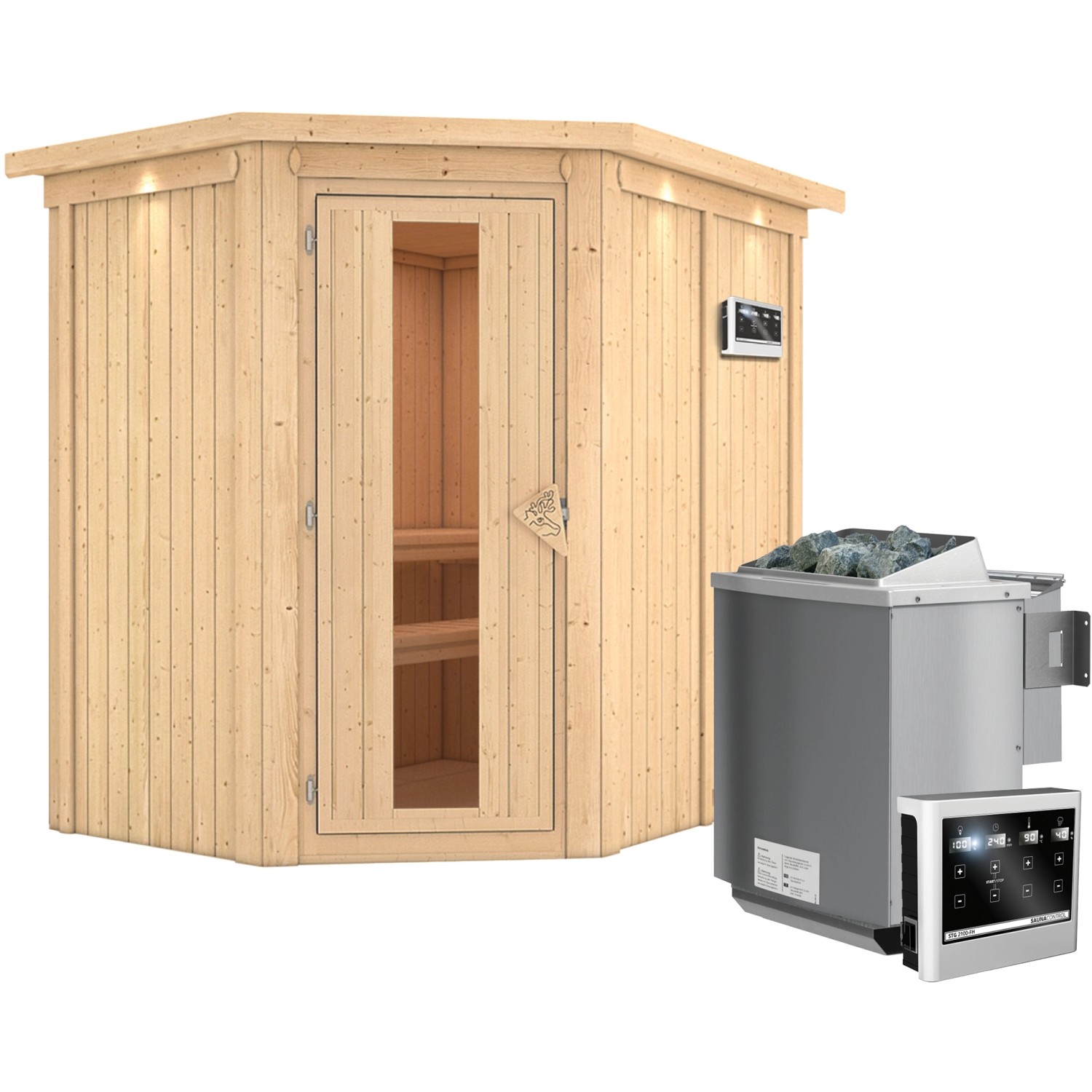 Karibu Sauna-Set Cleo inkl. Bio-Ofen 9 kW mit ext. Steuerung, Dachkranz günstig online kaufen