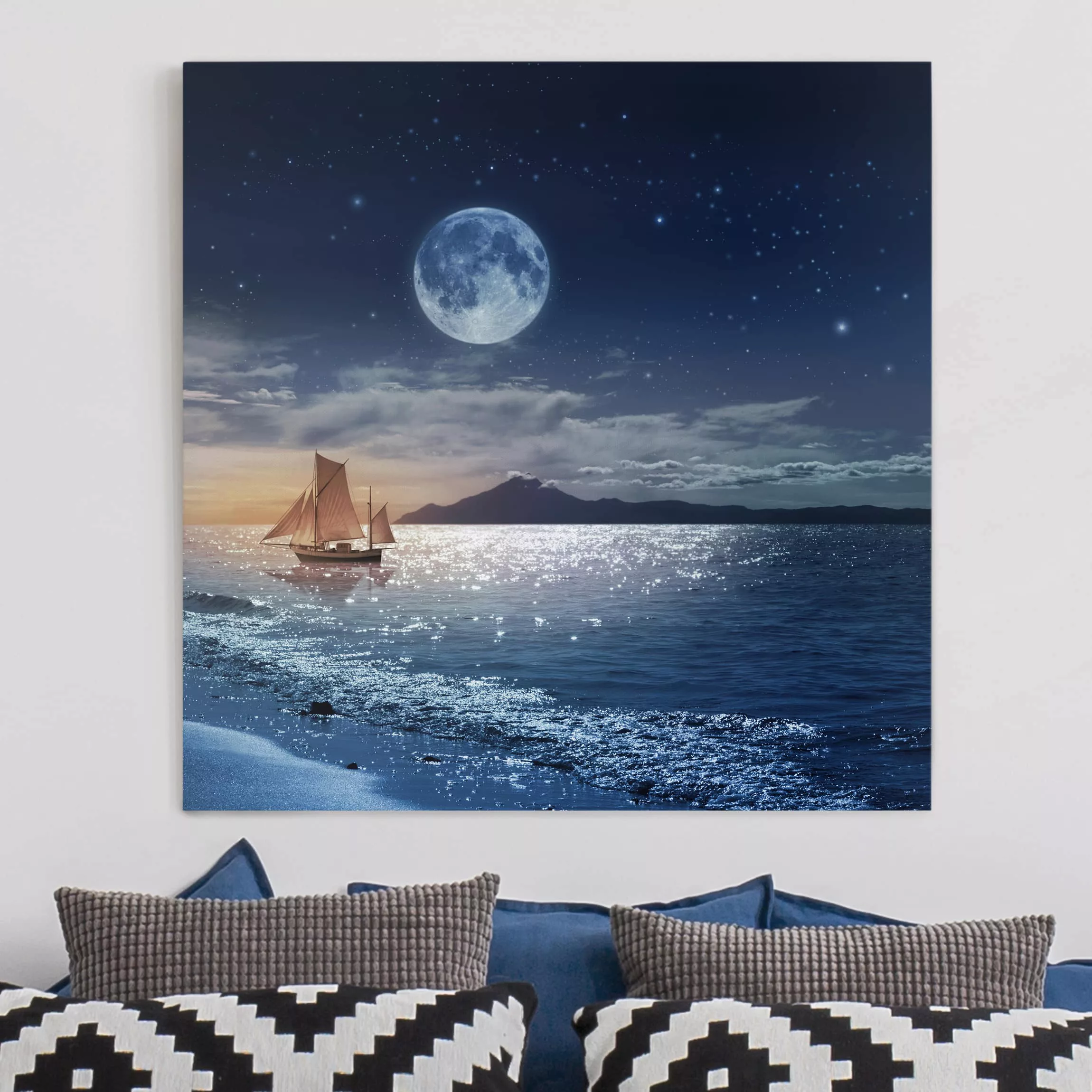 Leinwandbild Natur & Landschaft - Quadrat Moon Night Sea günstig online kaufen