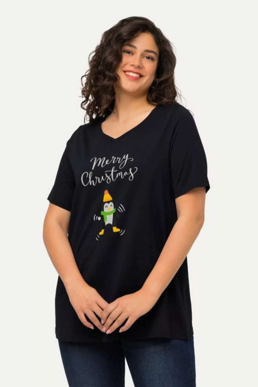 Ulla Popken Rundhalsshirt Weihnachts-Shirt Pinguin A-Linie V-Ausschnitt günstig online kaufen