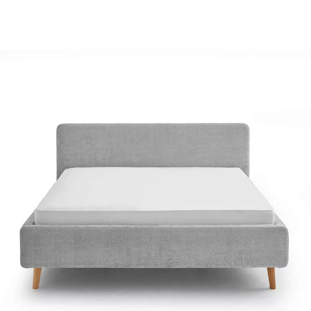 Doppeltbett Grau modern aus Boucle Stoff Eiche Massivholz günstig online kaufen