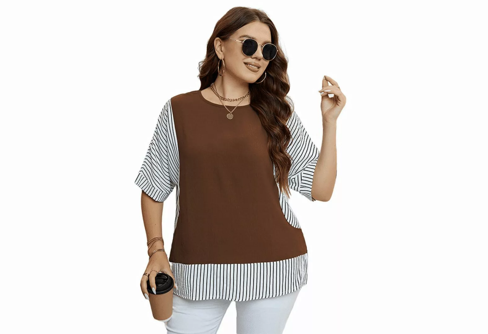 YRIIOMO T-Shirt Sommer Rundhals Patchwork zweiteiliges Plus Size Damen Top günstig online kaufen