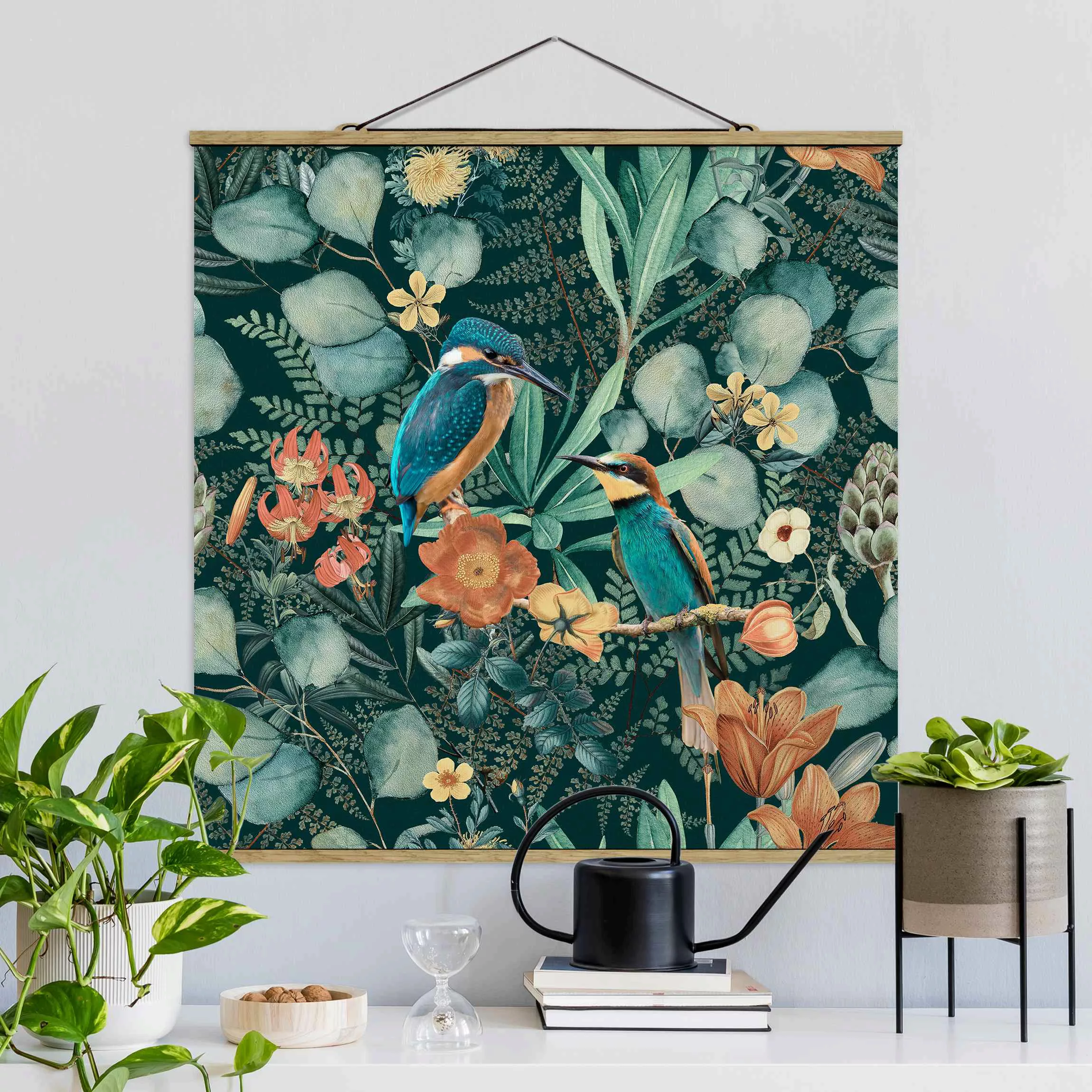 Stoffbild mit Posterleisten Blumenparadies Eisvogel und Kolibri günstig online kaufen