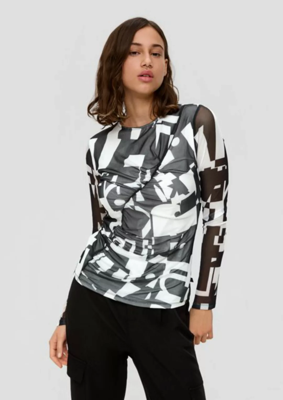 QS Langarmshirt Mesh-Shirt mit All-over-Print Raffung günstig online kaufen