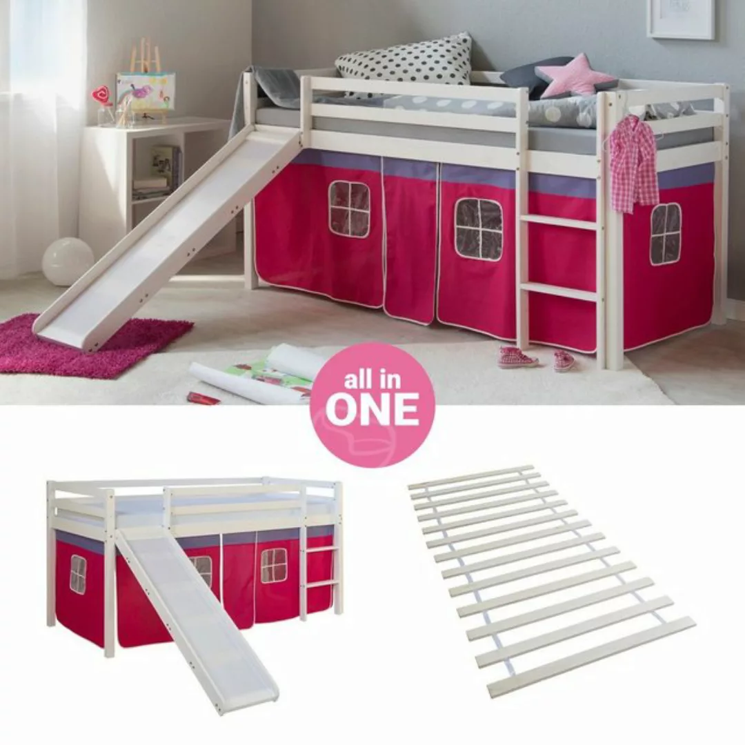 Homestyle4u Hochbett 90x200 cm Kinderbett Weiß mit Vorhang Pink (Set, mit R günstig online kaufen