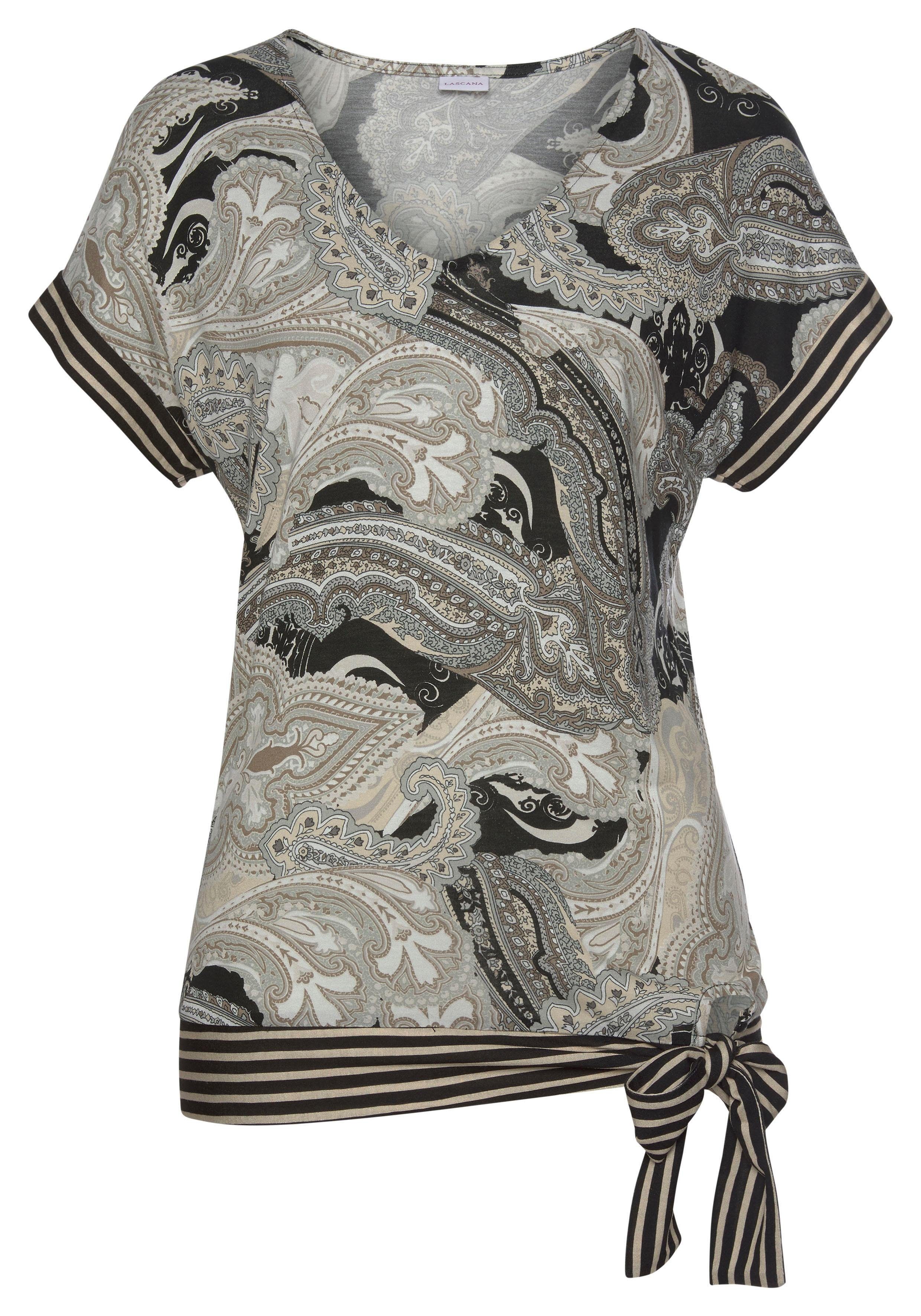 LASCANA Kurzarmshirt mit Paisleyprint und Schleifendetail, V-Ausschnitt, Bl günstig online kaufen