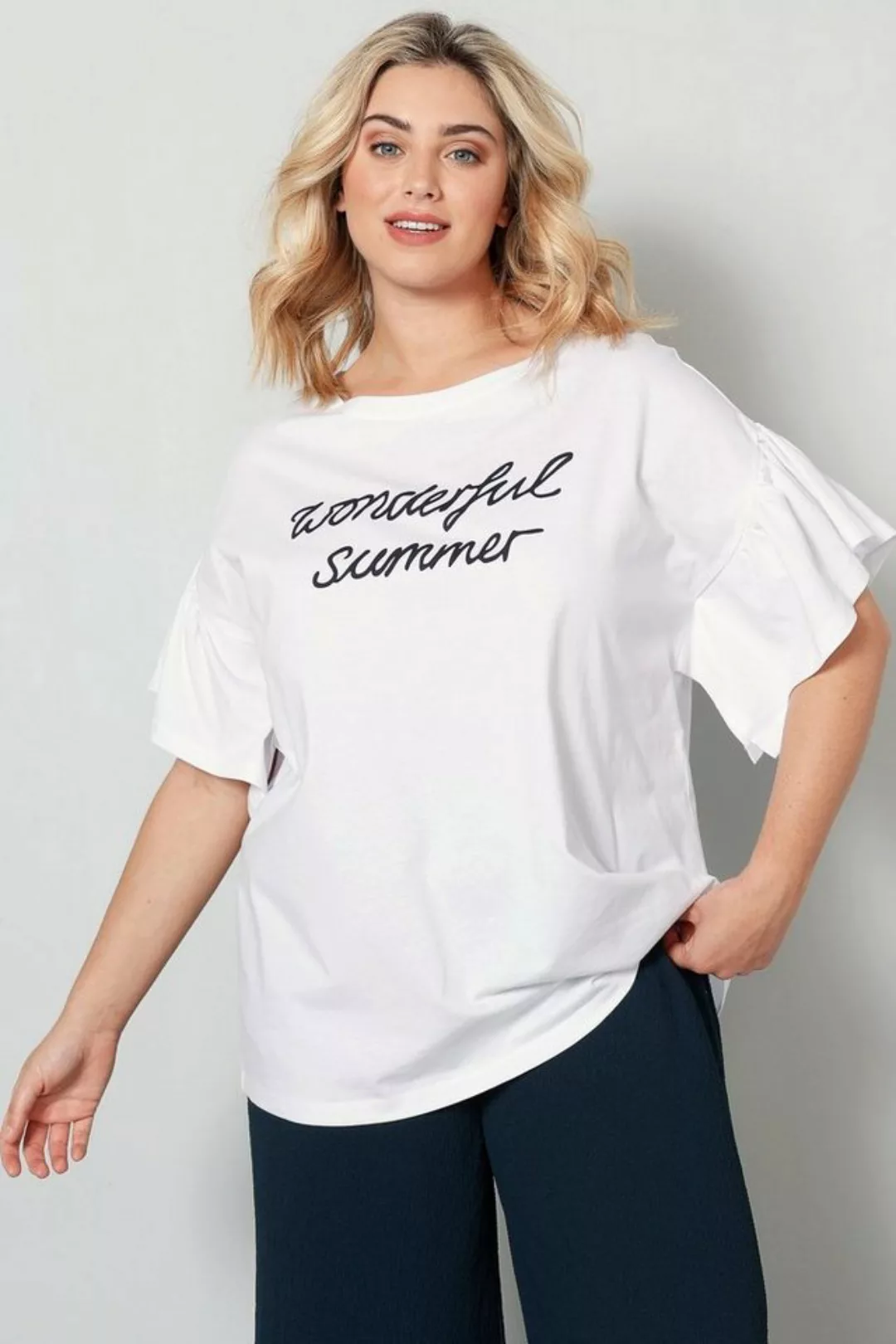 Sara Lindholm Rundhalsshirt T-Shirt oversized Schriftzug Rüschen-Halbarm günstig online kaufen