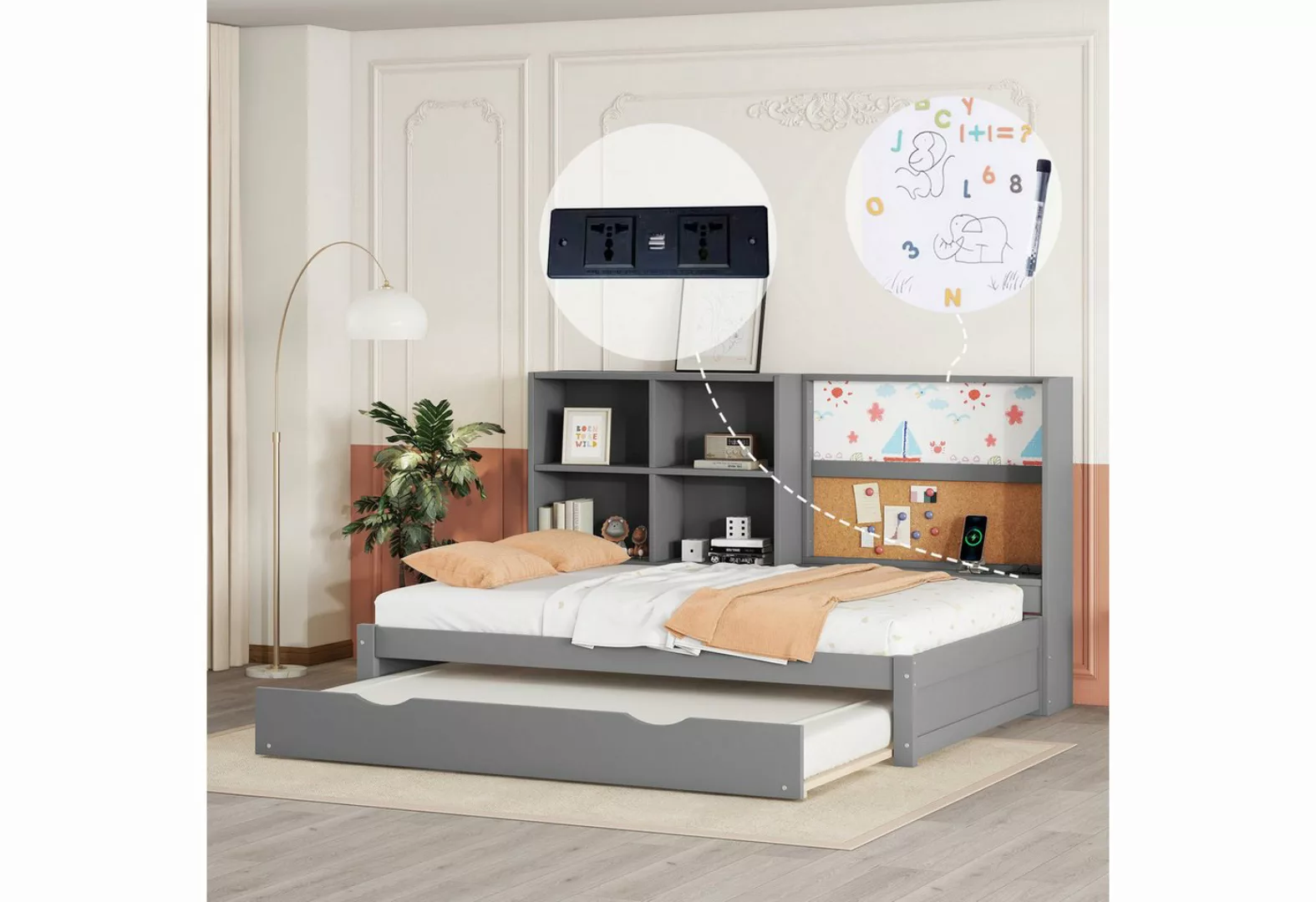 REDOM Kinderbett Schlafsofa Stauraumbett (mit ausziehbarem Bett, usb-Ladean günstig online kaufen
