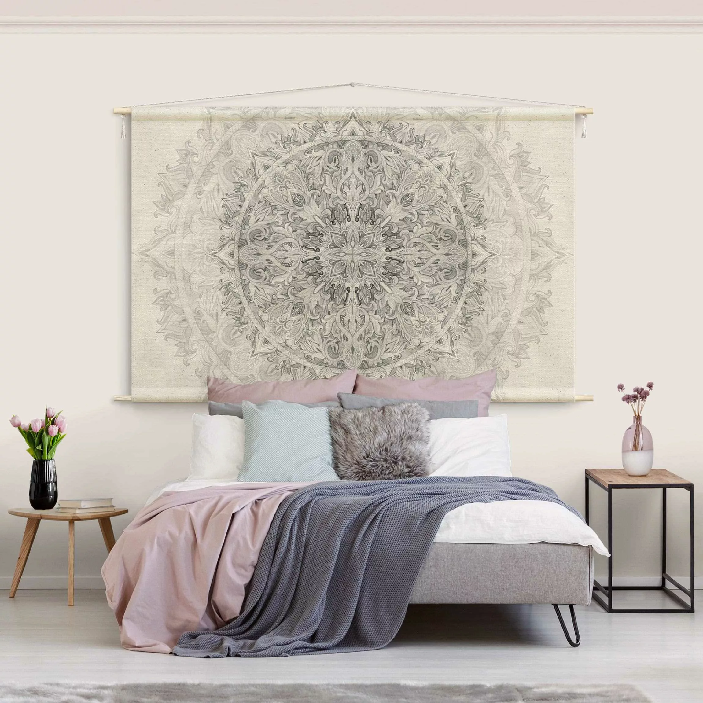 Wandteppich Mandala Aquarell Ornament Muster Schwarz-Weiß günstig online kaufen