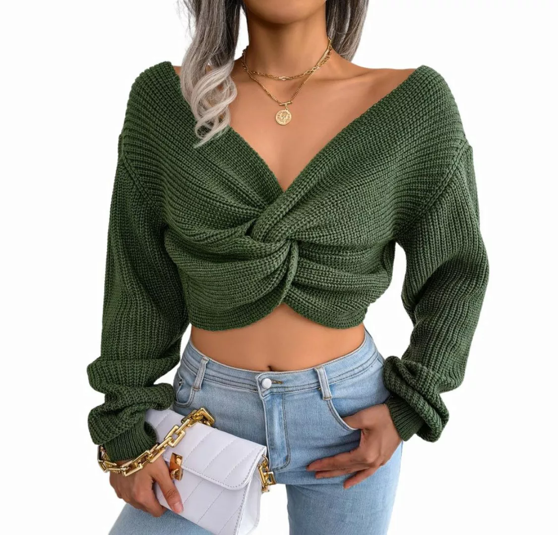 Mayou Strickpullover Sexy Pullover V-Ausschnitt Cropped Twist-Knoten Gekürz günstig online kaufen