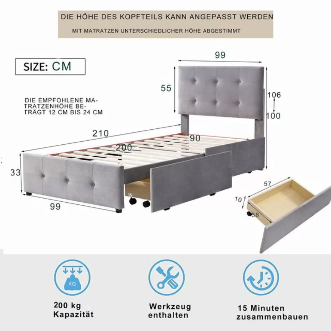 EXTSUD Polsterbett Polsterbett 90 x 200 cm mit Lattenrost, Rückenlehne und günstig online kaufen