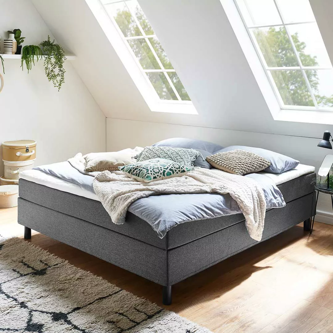 Boxspring Bett ohne Kopfteil Stoffbezug in Anthrazit günstig online kaufen