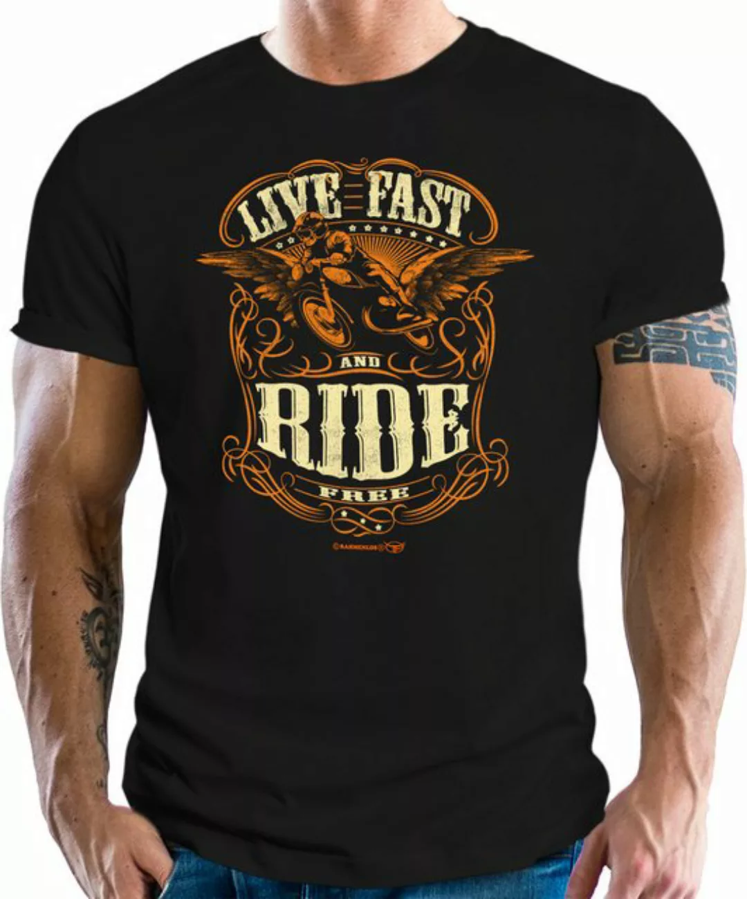 RAHMENLOS® T-Shirt für Biker, Racer, Motorrad Fans: Live Fast, Ride Free günstig online kaufen