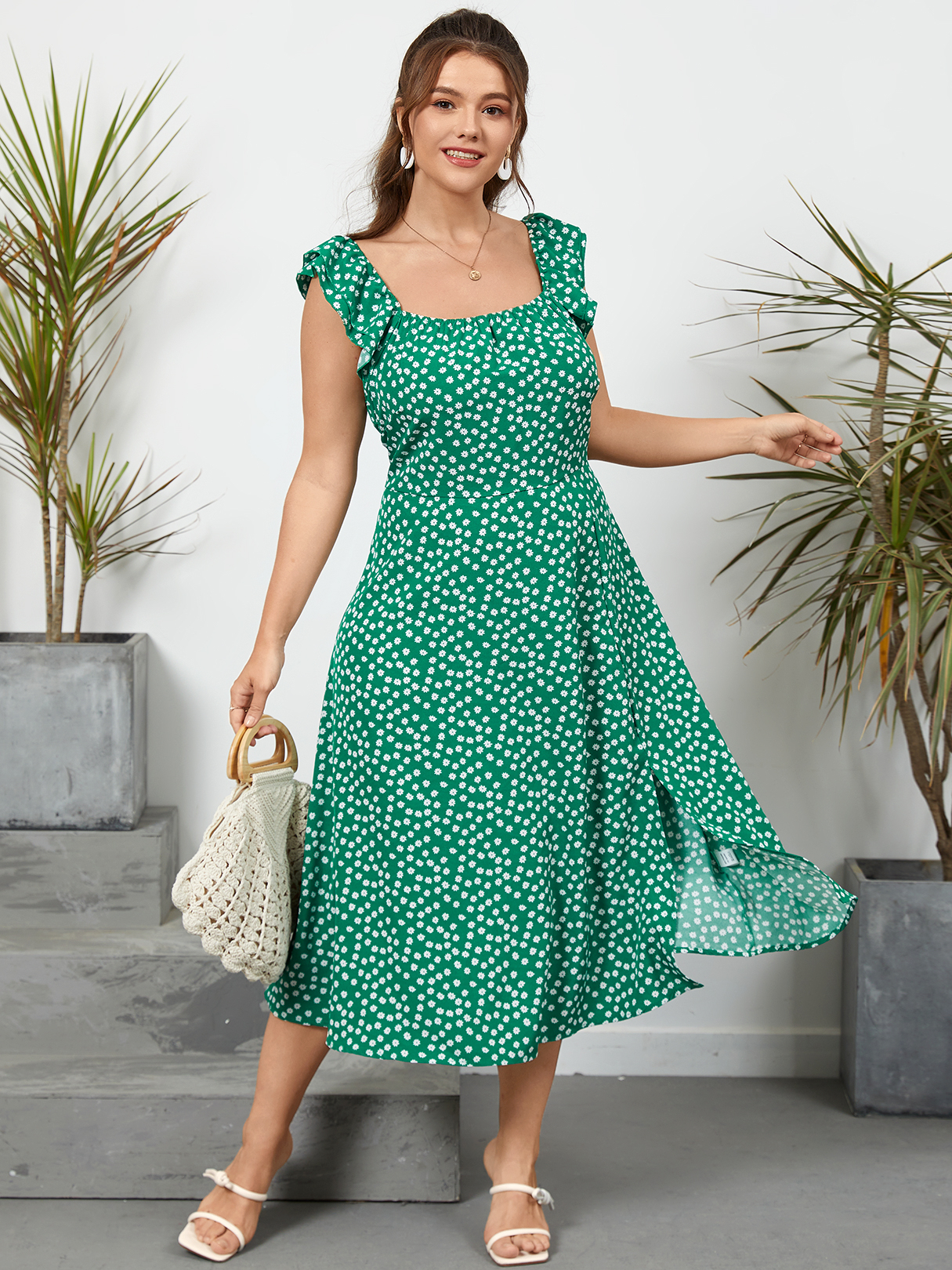 Plus Size Square Neck Calico Slit Design Ärmellos Kleid günstig online kaufen