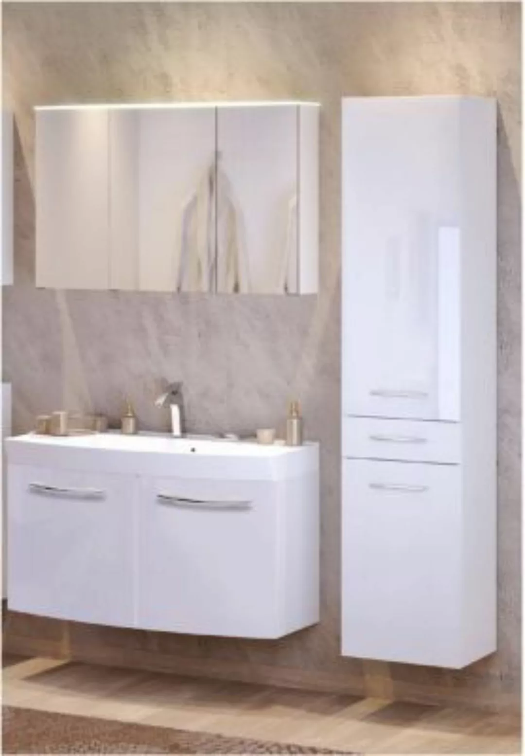 Lomadox Badmöbel Set FLORIDO-03 Hochglanz weiß, Waschtisch mit 2 Türen, LED günstig online kaufen