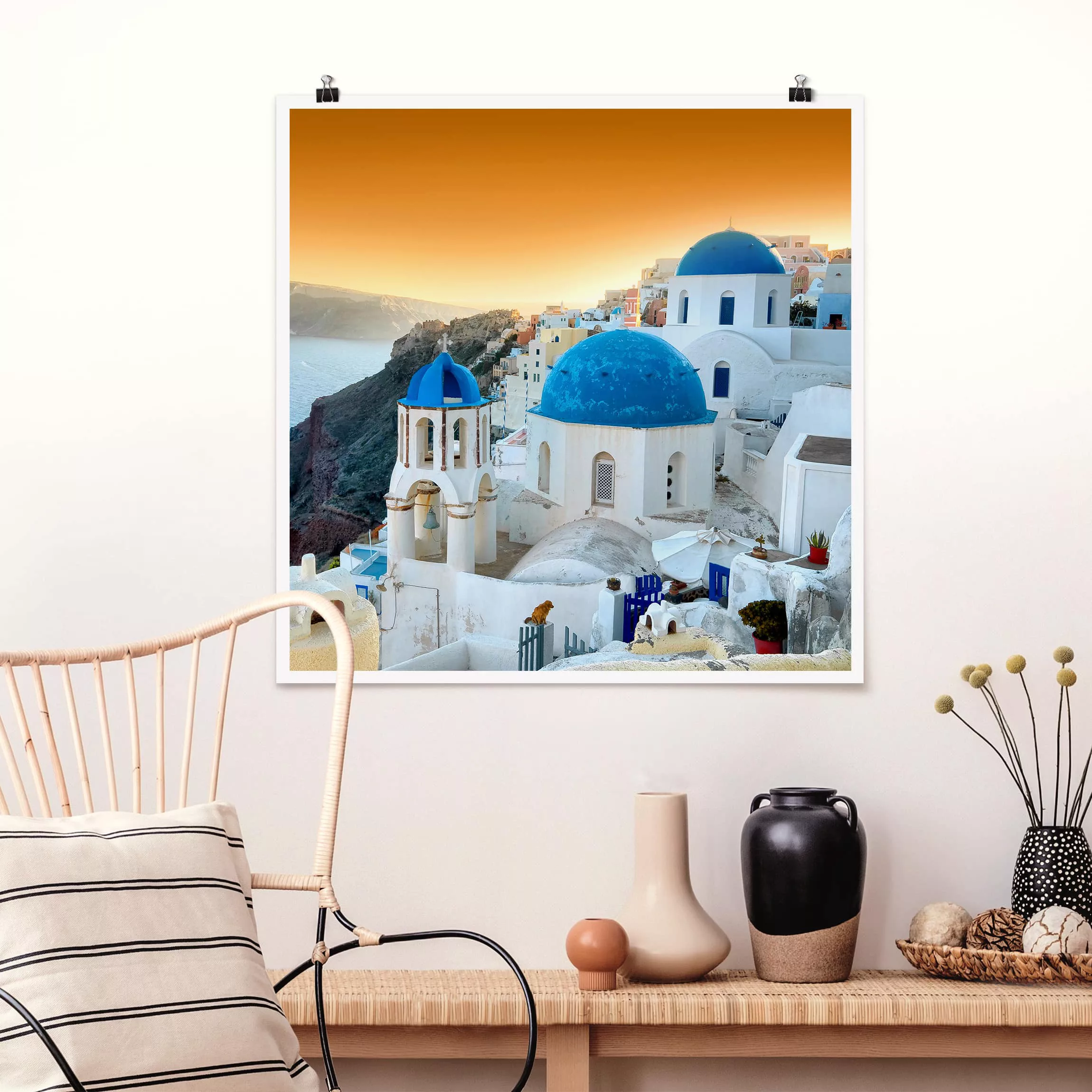 Poster Architektur & Skyline - Quadrat Sonnenuntergang über Santorin günstig online kaufen