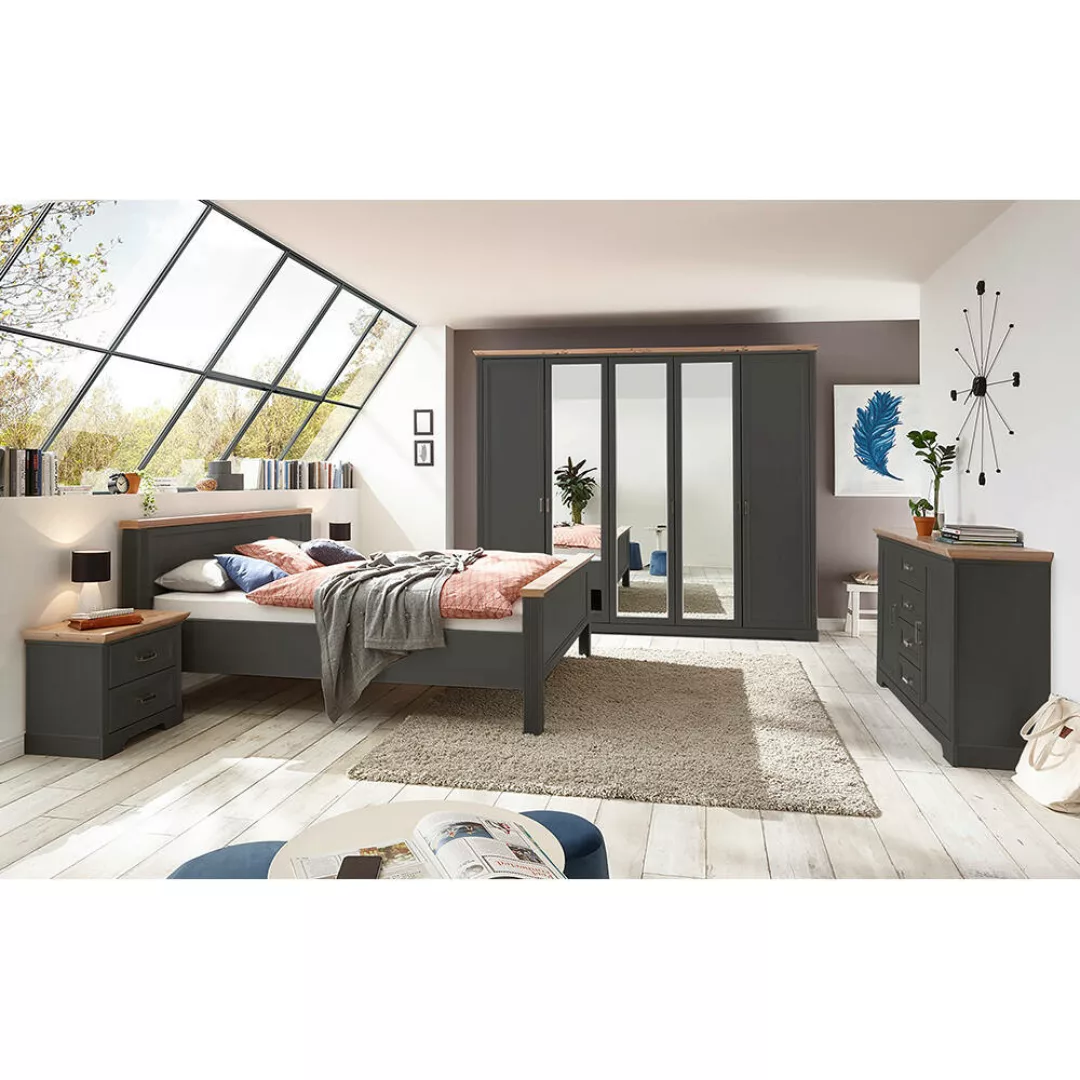 Schlafzimmer Set 5-teilig Bett 180x200cm Graphit mit Eiche JÜLICH-77 günstig online kaufen