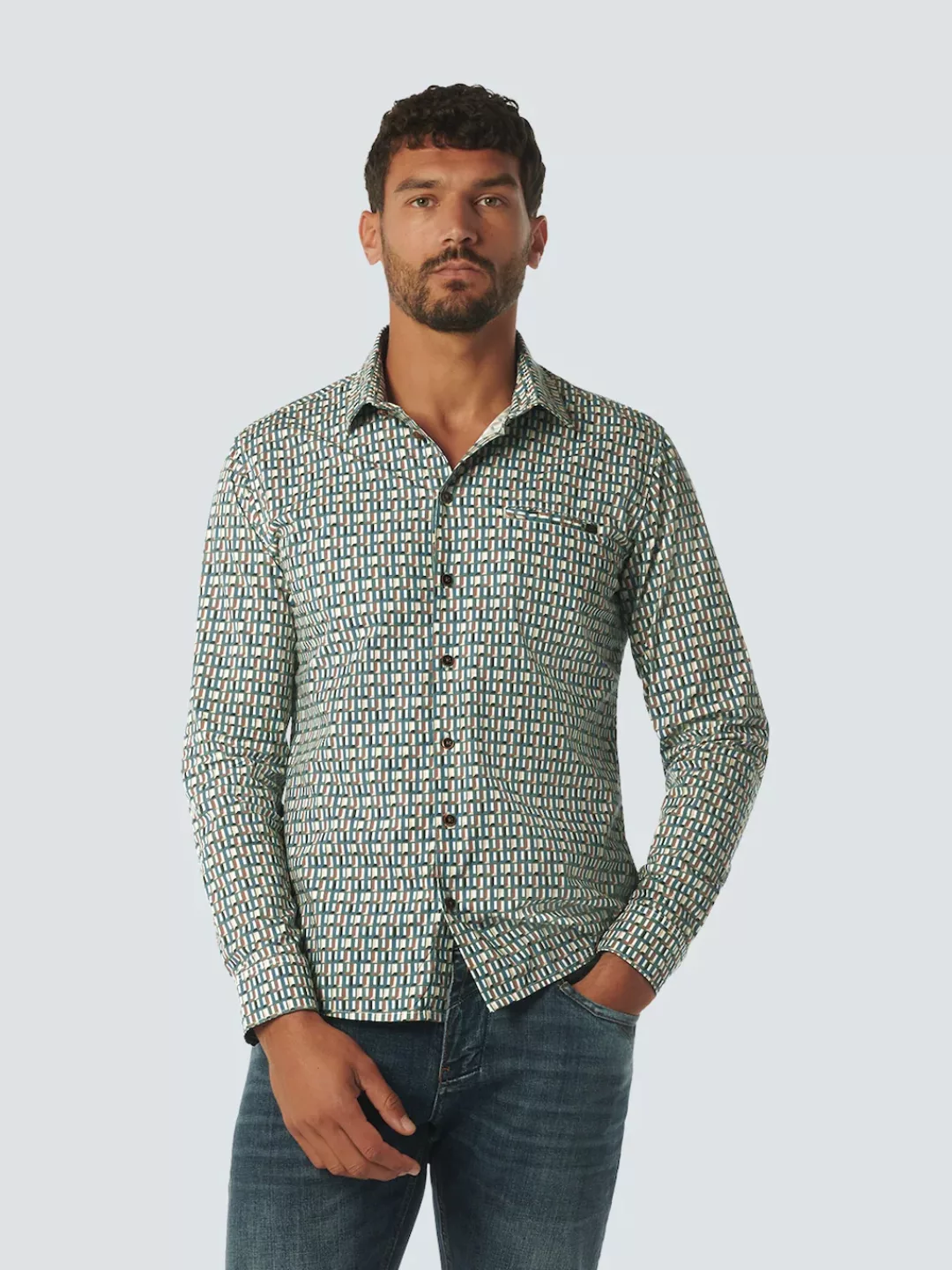 NO EXCESS Langarmhemd mit Allover Print und Stretch günstig online kaufen