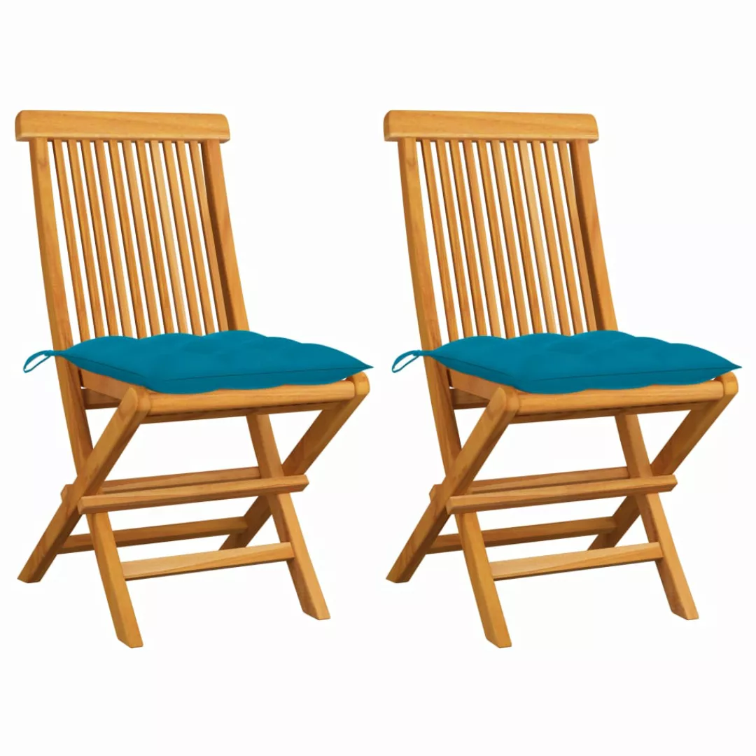Gartenstühle Mit Hellblauen Kissen 2 Stk. Massivholz Teak günstig online kaufen
