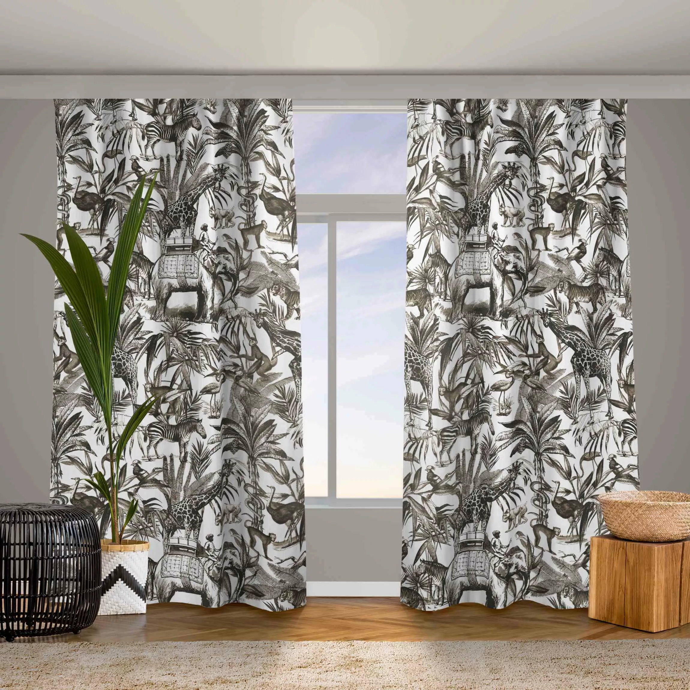 Vorhang Elefanten Giraffen Zebras und Tiger Schwarz-Weiß mit Braunton günstig online kaufen