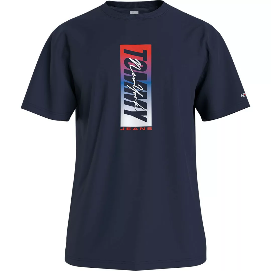 Tommy Jeans – Kastenförmiges T-Shirt mit vertikalem Logo vorn in Twilight-M günstig online kaufen