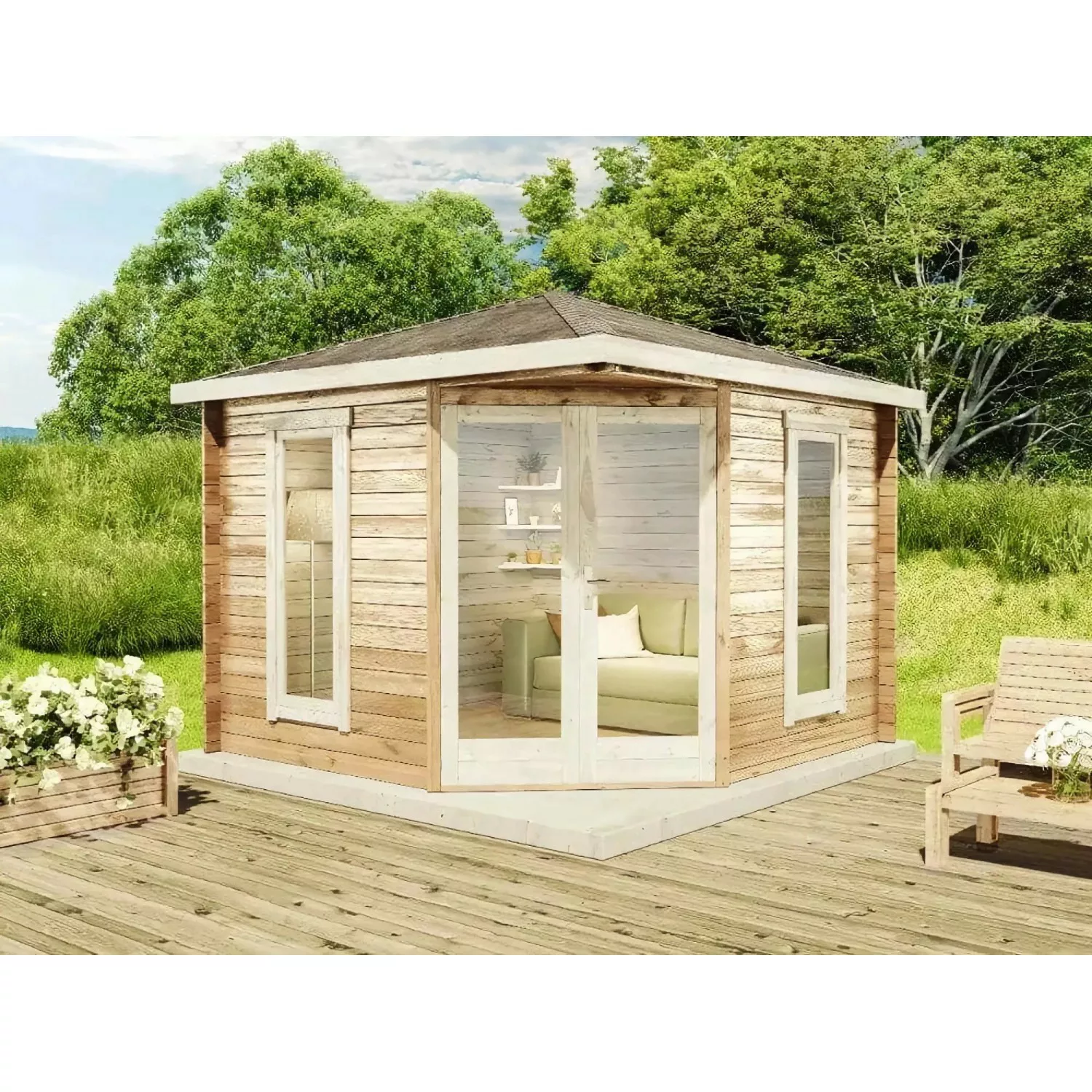 Alpholz Gartenhaus Liwa Compact Spitzdach 300 cm x 300 cm Braun günstig online kaufen