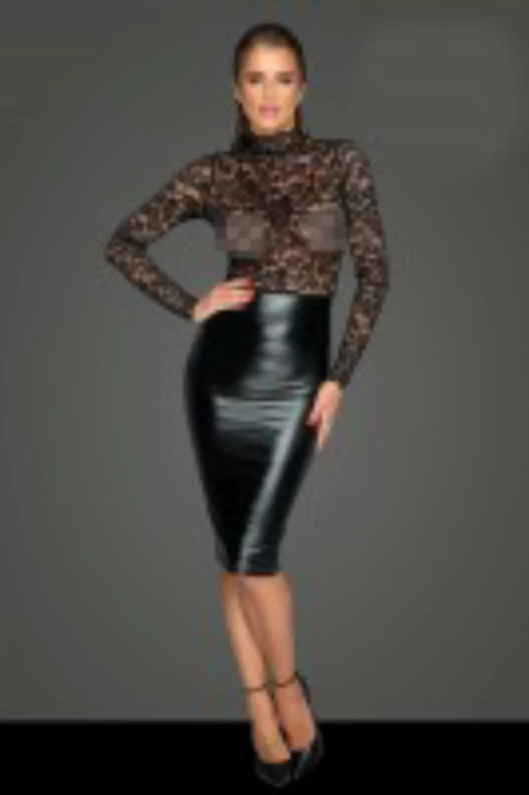 Midi-Powerwetlook-Kleid mit Spitze günstig online kaufen