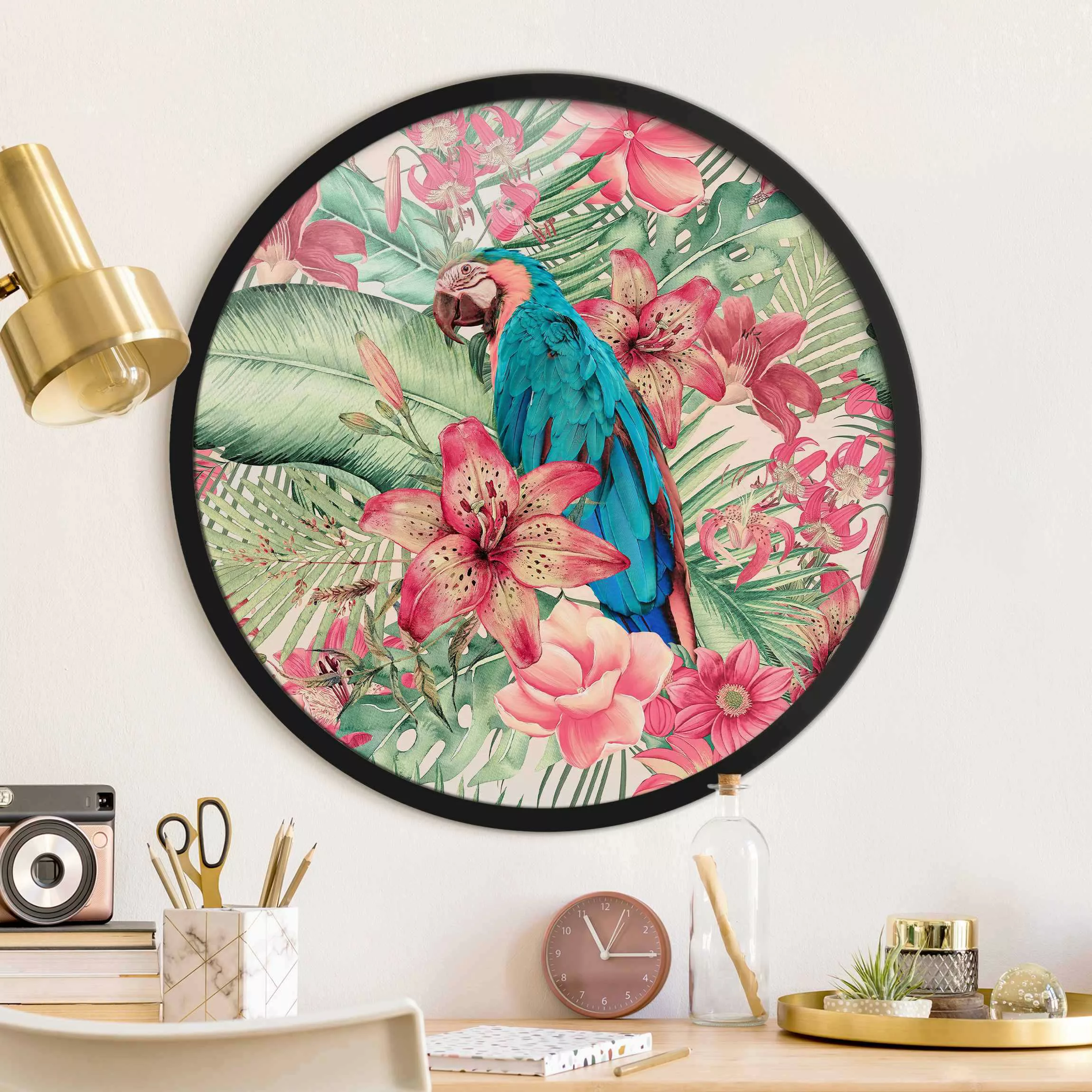 Rundes Gerahmtes Bild Blumenparadies tropischer Papagei günstig online kaufen