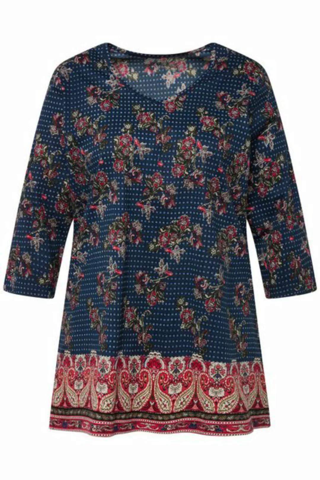 Ulla Popken Longshirt Longshirt A-Line Blüten Print Bordüre V-Ausschnitt günstig online kaufen